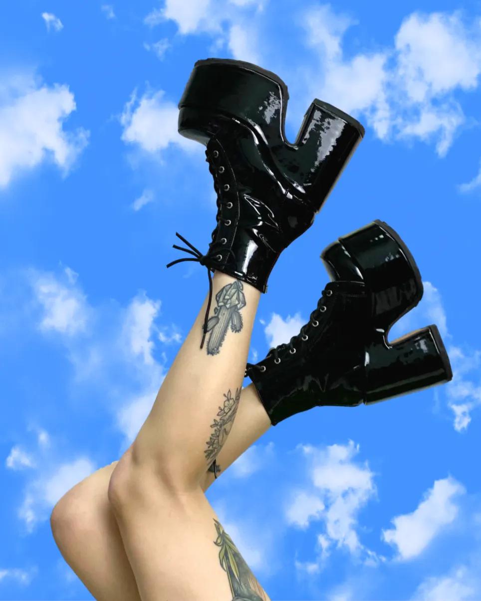 Demonia Black Patent Lace-Up Platform Ankle Boots