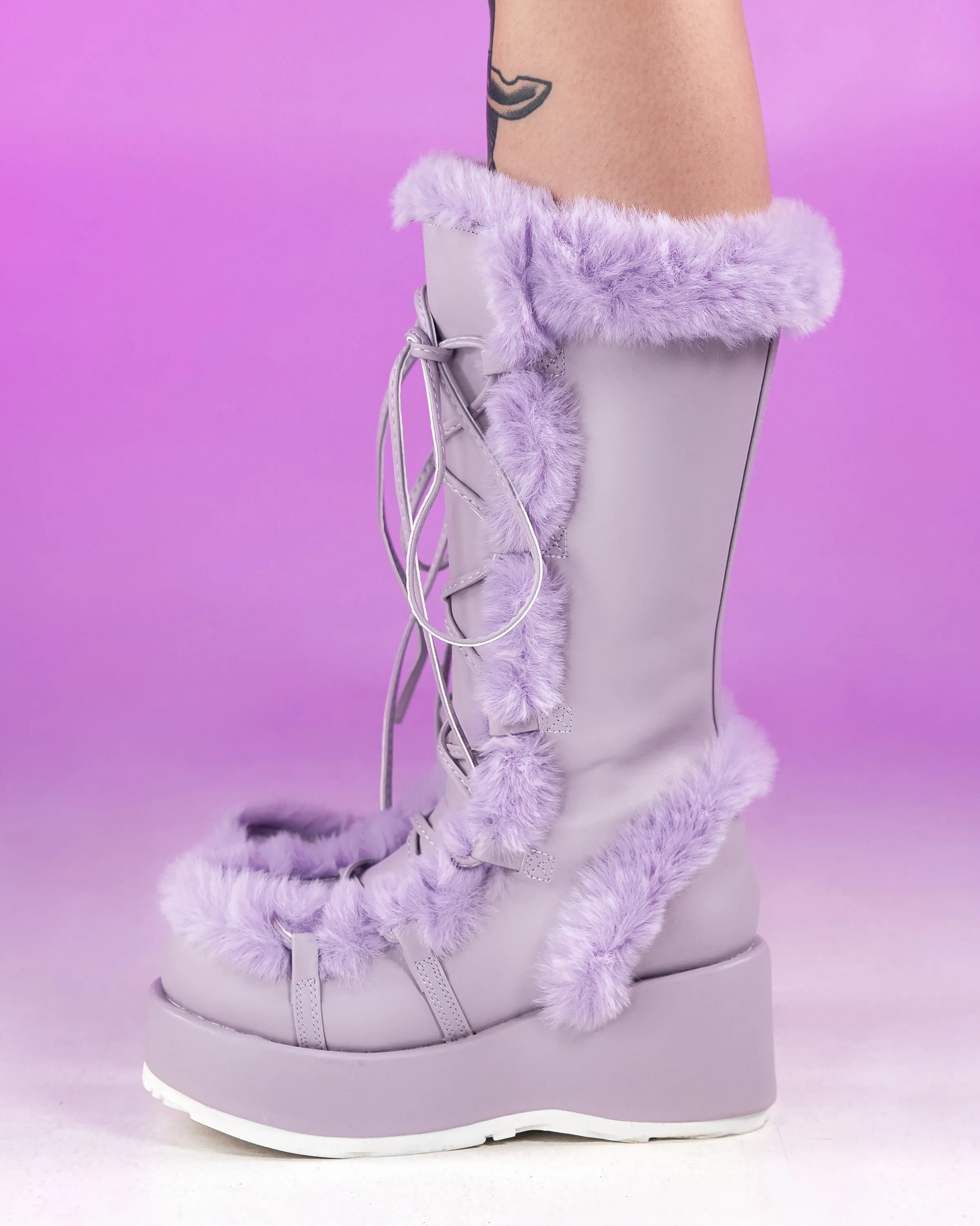 Demonia Lavender Winter Solstice Faux Fur Boots