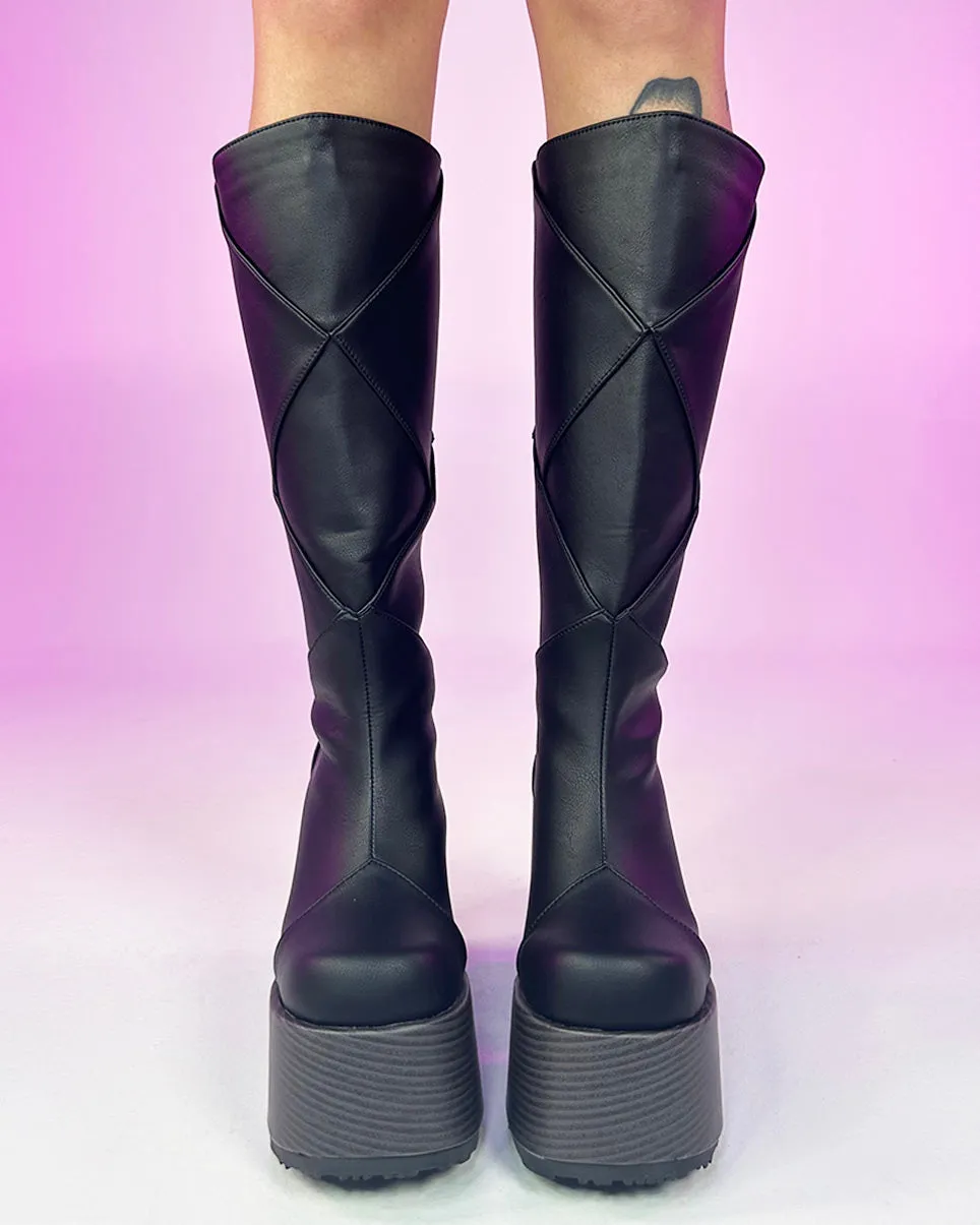 Demonia Patchwork Knee High Boots