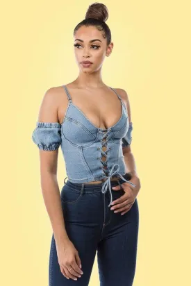 Denim criss cross top