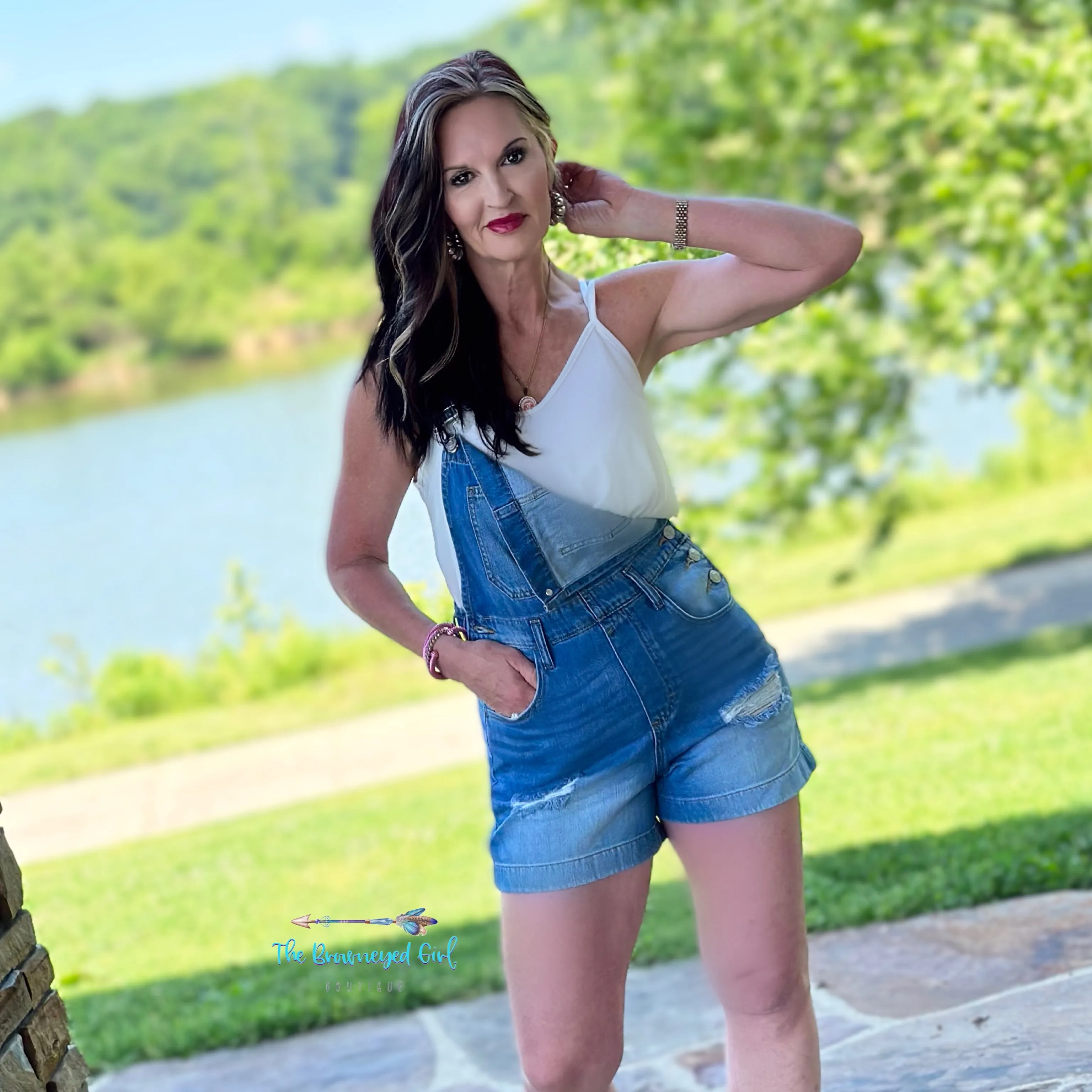 Denim Distressed Overall Shorts