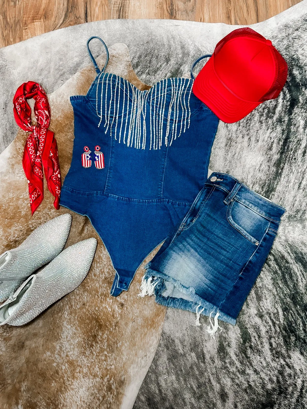 Denim rhinestone fringe bodysuit