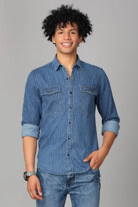 Denim Shirt in White Stripes Blue