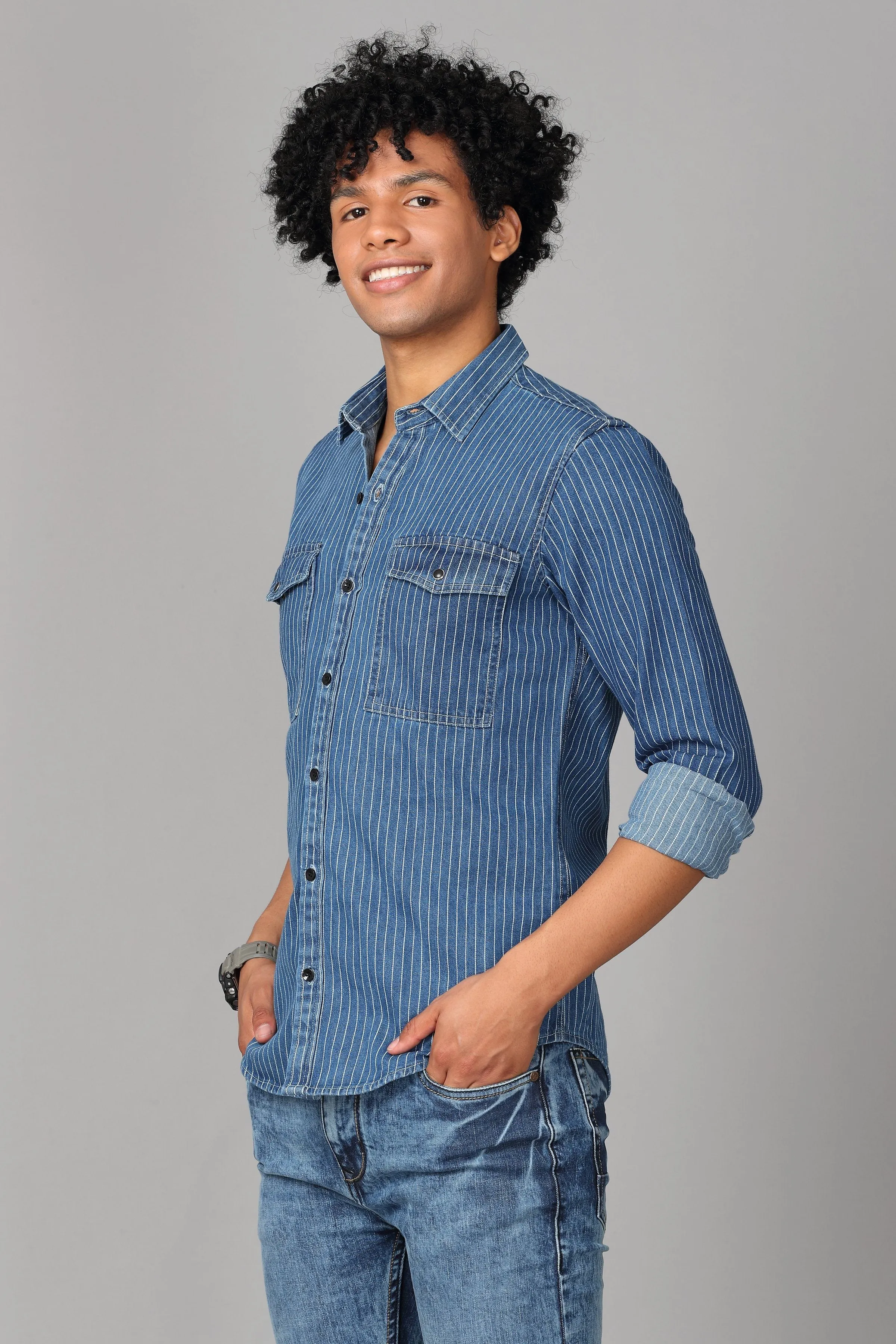 Denim Shirt in White Stripes Blue