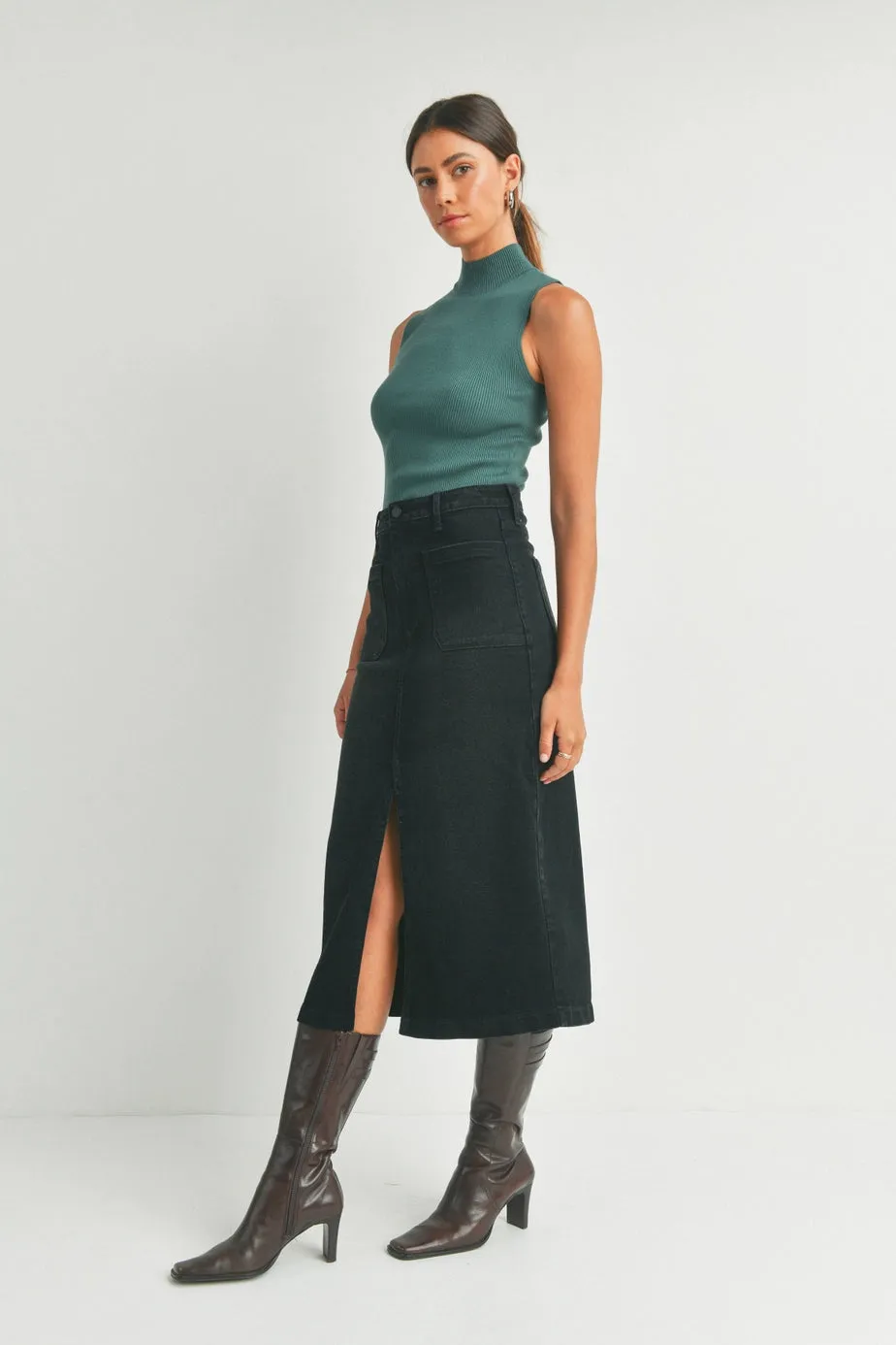 Denim Utility Pocket Midi Skirt