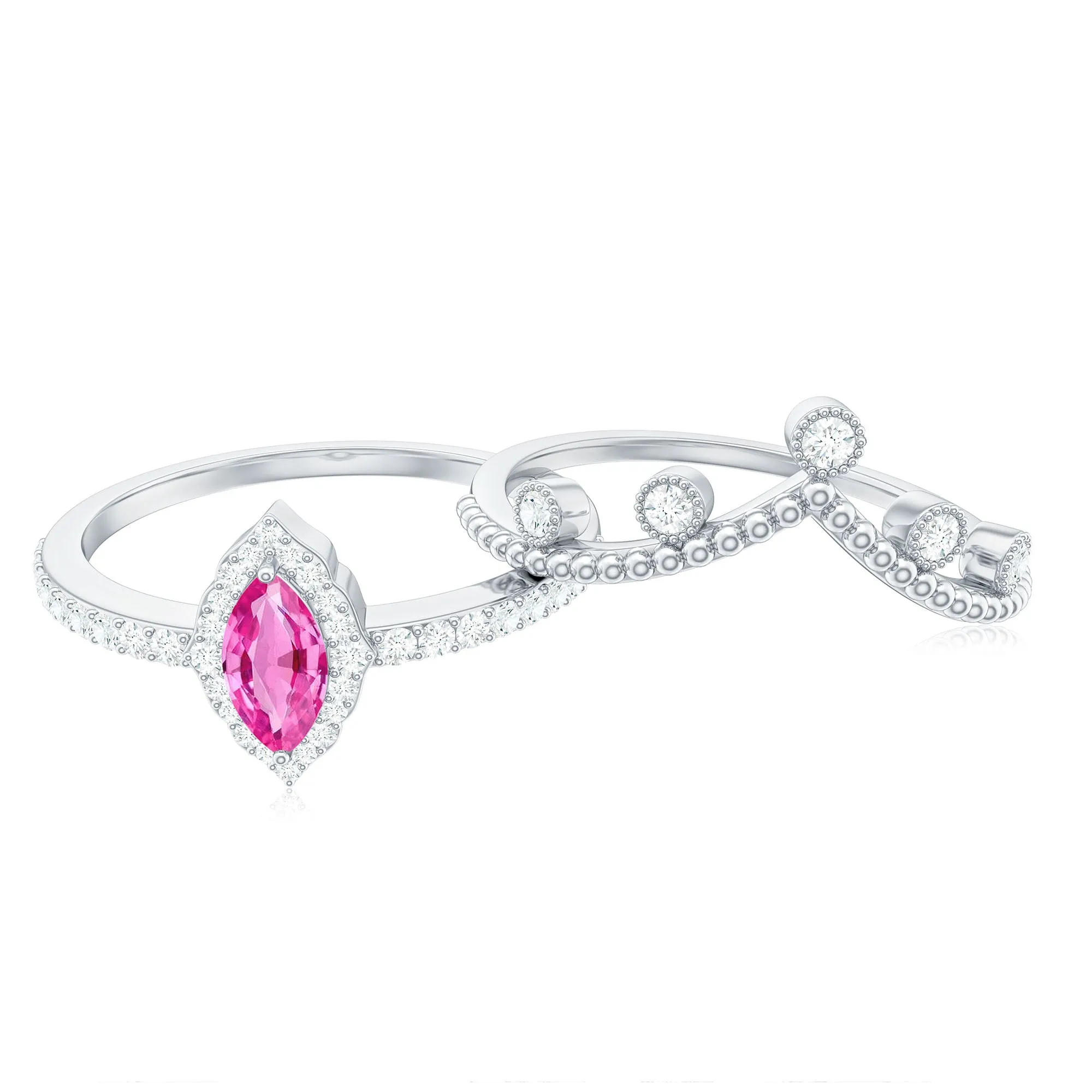 Designer Lab-Created Pink Sapphire Stackable Ring Set with Diamond