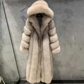 Designer Real Hooded Fox Fur Coat Full Length