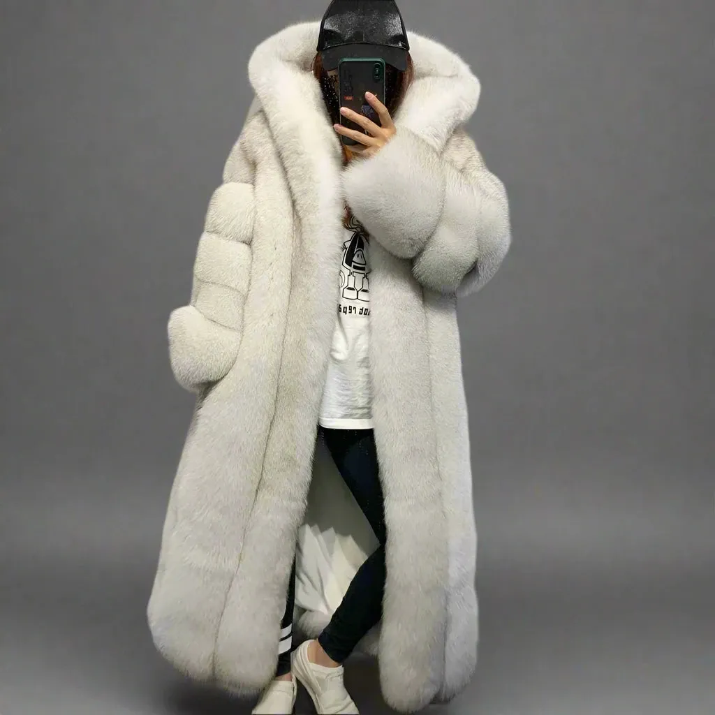 Designer Real Hooded Fox Fur Coat Full Length