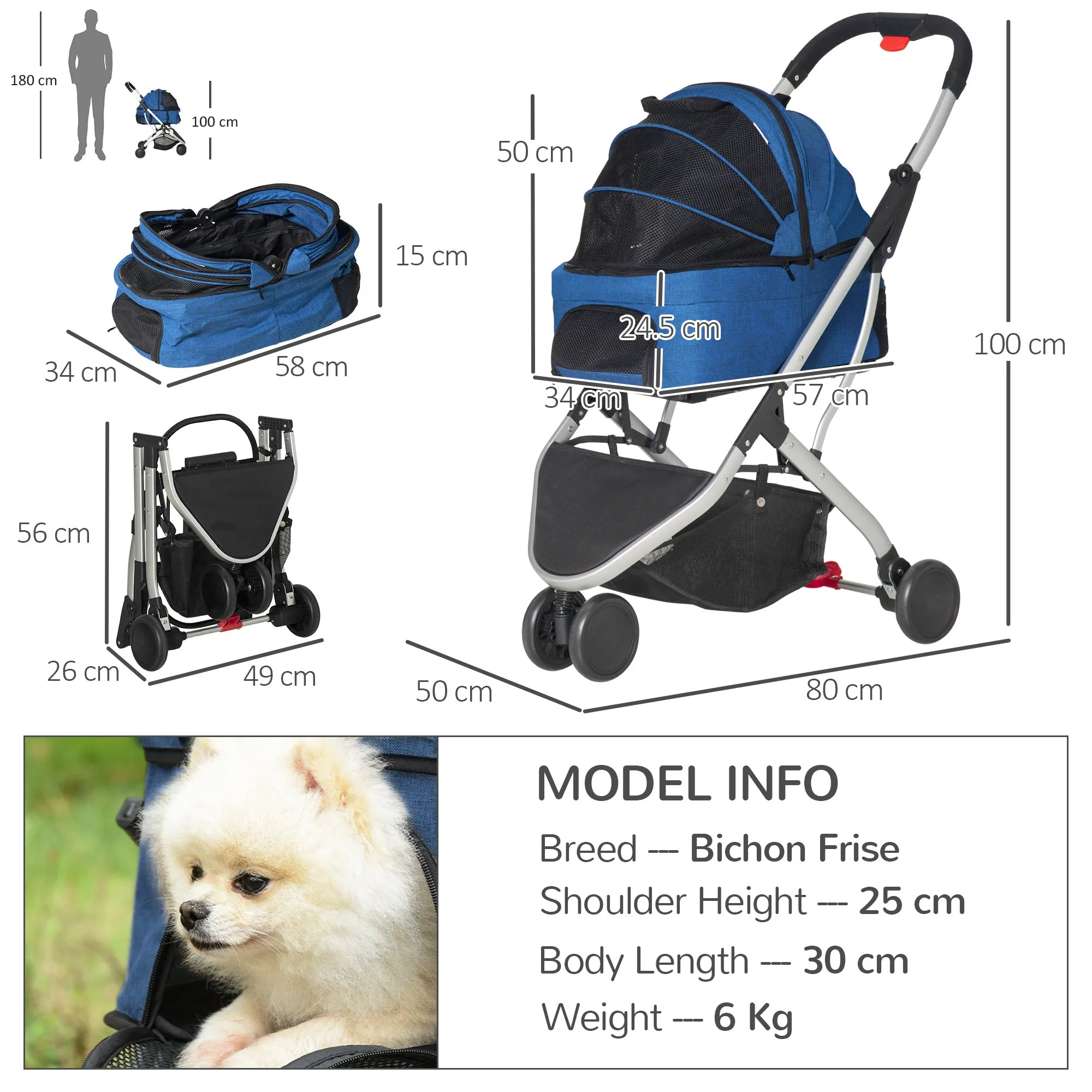 Detachable Pet Stroller Pushchair Foldable Dog Cat Travel Carriage 2-In-1 Design Carrying Bag Blue