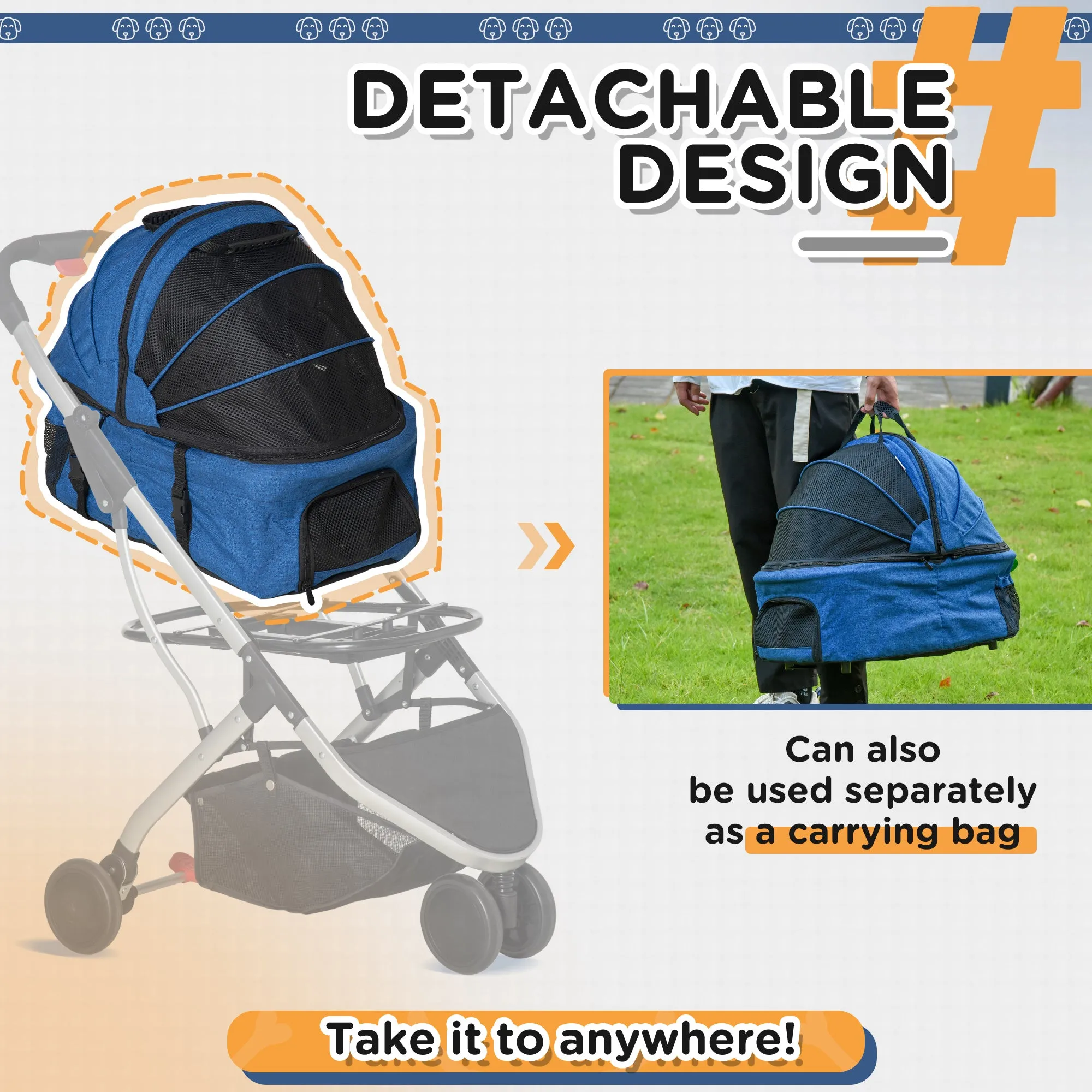 Detachable Pet Stroller Pushchair Foldable Dog Cat Travel Carriage 2-In-1 Design Carrying Bag Blue