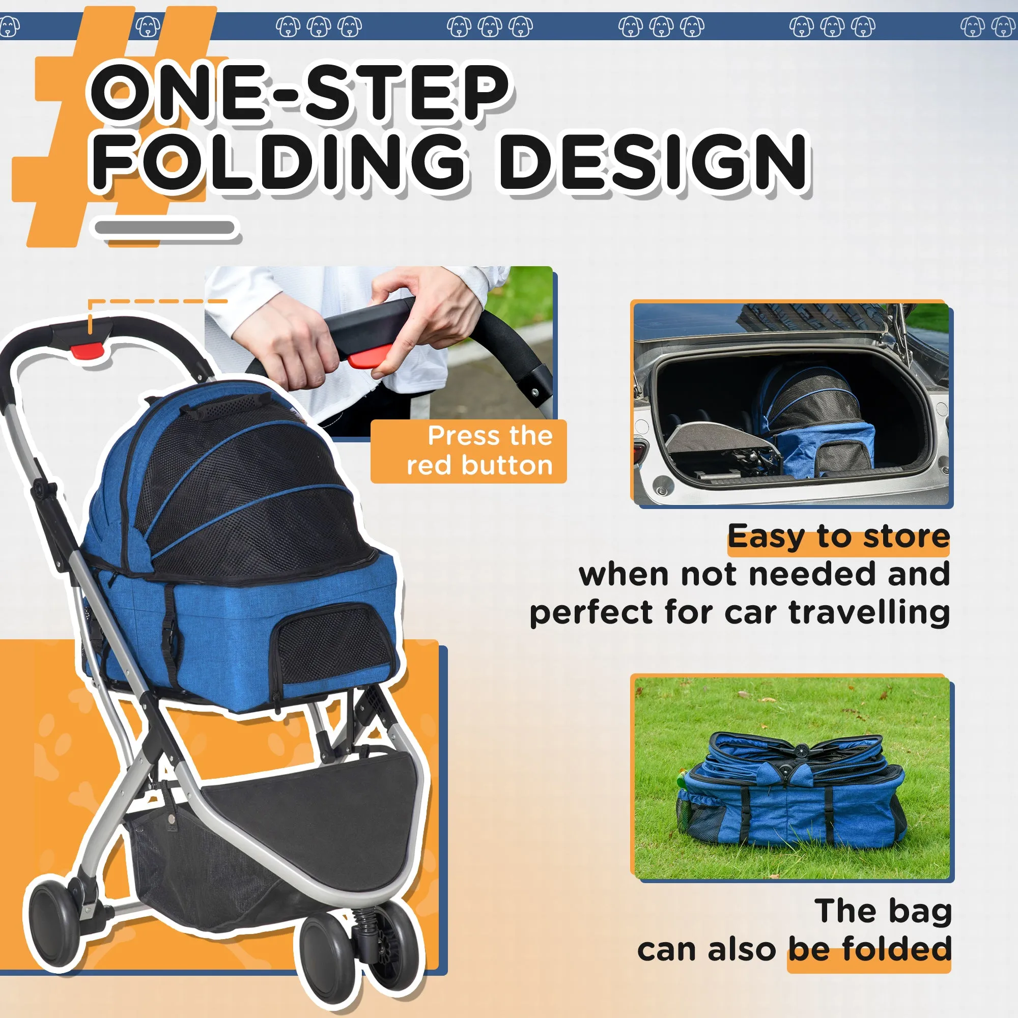 Detachable Pet Stroller Pushchair Foldable Dog Cat Travel Carriage 2-In-1 Design Carrying Bag Blue