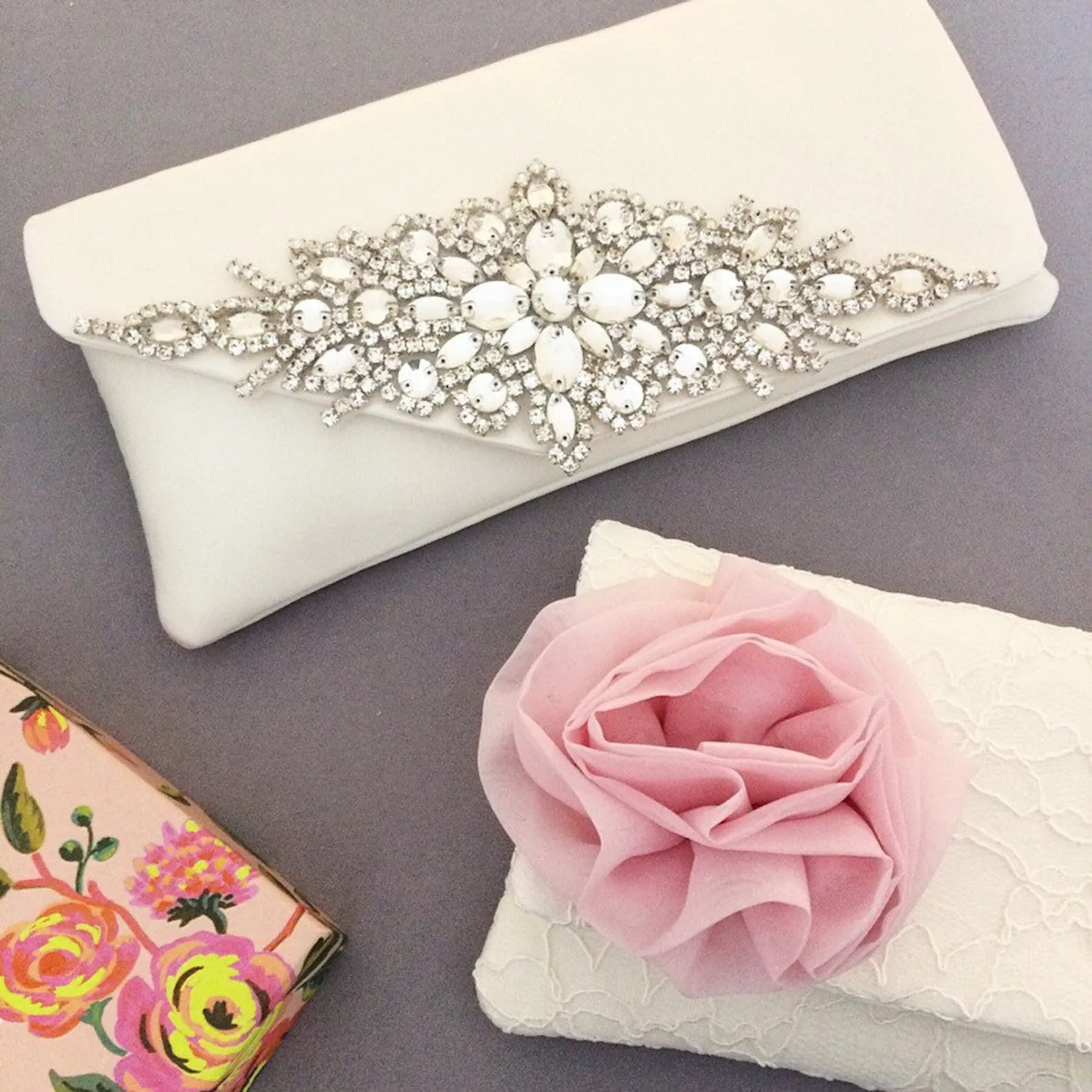 Diamante and ivory satin clutch handbag Harriet