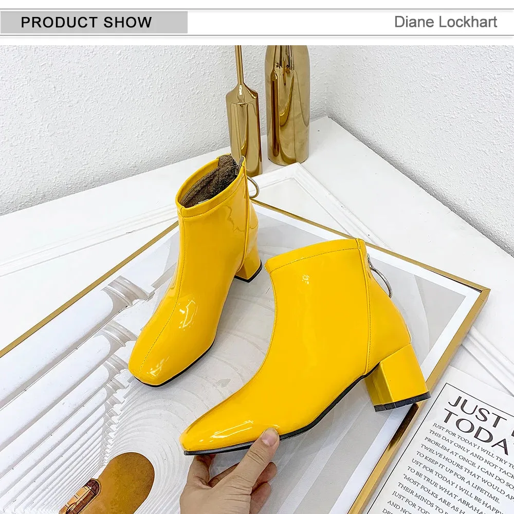 DIANE LOCKHART Back Zip Soft Patent Leather Chunky Heel Ankle Boots