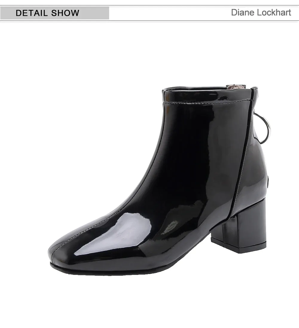 DIANE LOCKHART Back Zip Soft Patent Leather Chunky Heel Ankle Boots