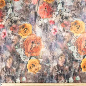 Digital Printed Satin Design-29 Yellow & Orange Roses on Brown