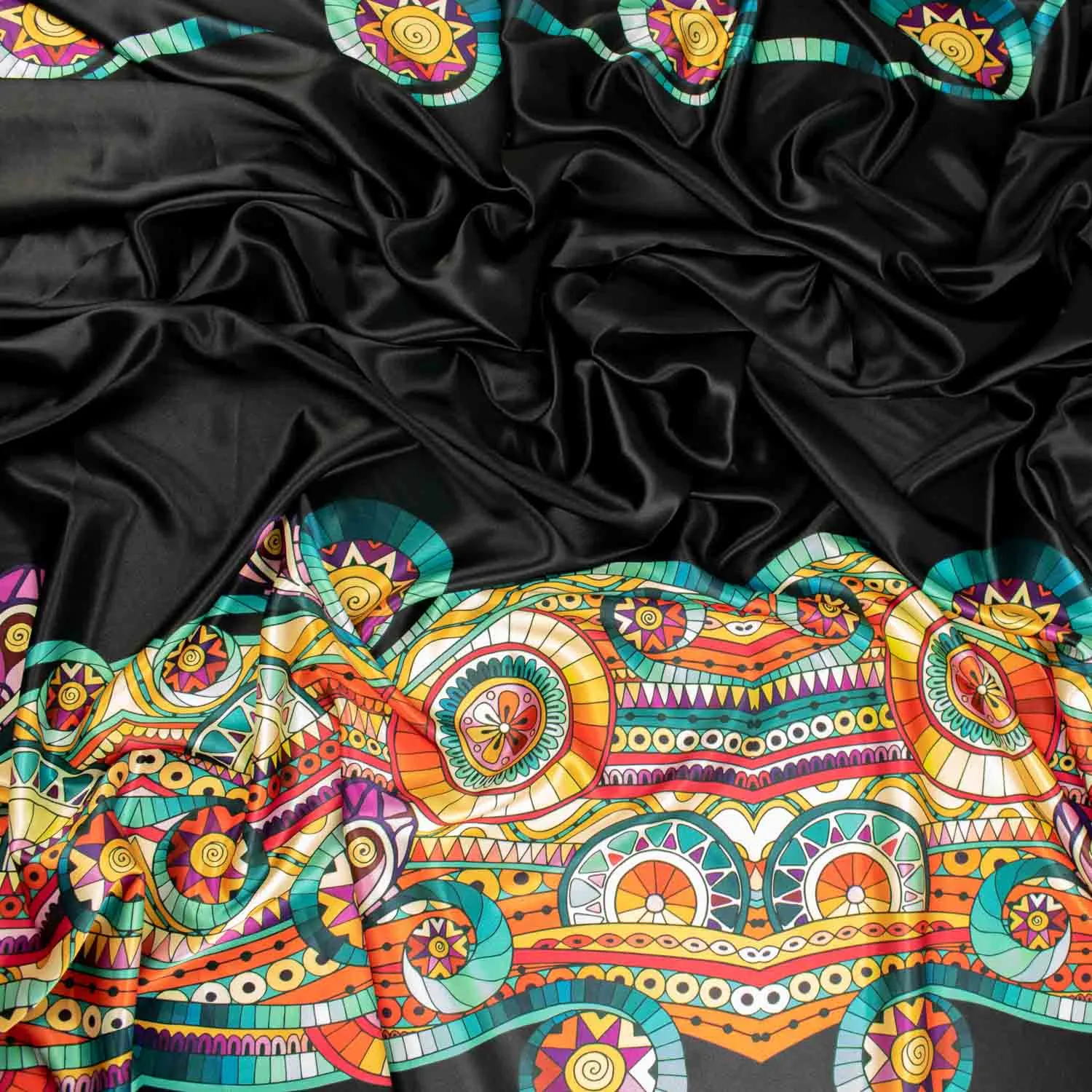 Digital Printed Satin Design-7 Border Printed Multicoloe Geometric on Black