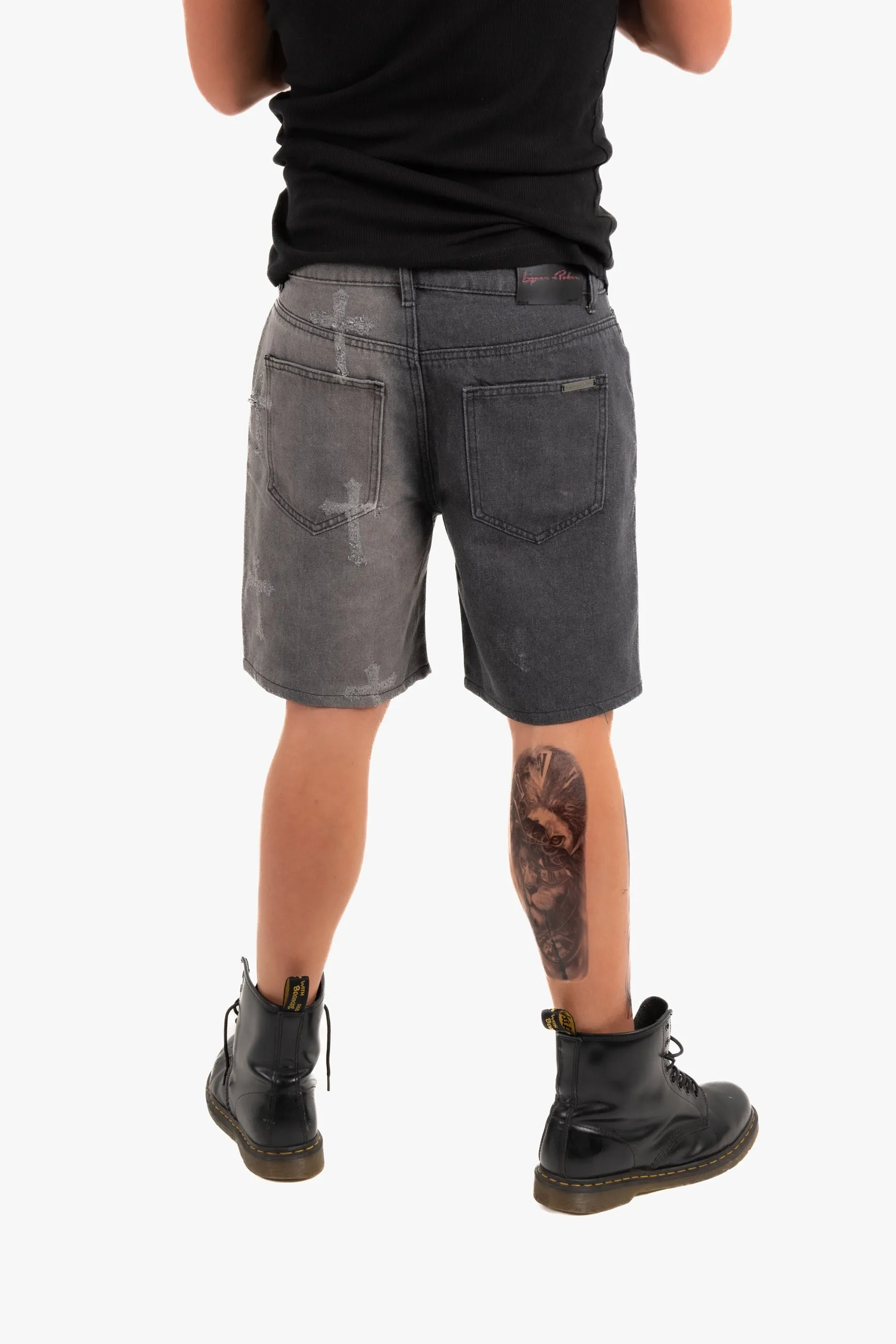 Distressed Cross Denim Shorts in Black Wash