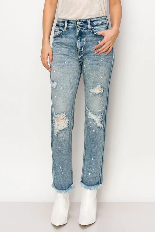 DISTRESSED FRAYED STRAIGHT LEG DENIM