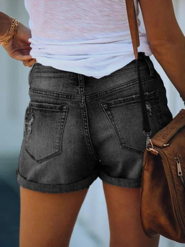 Distressed Rolled Edge Denim Shorts