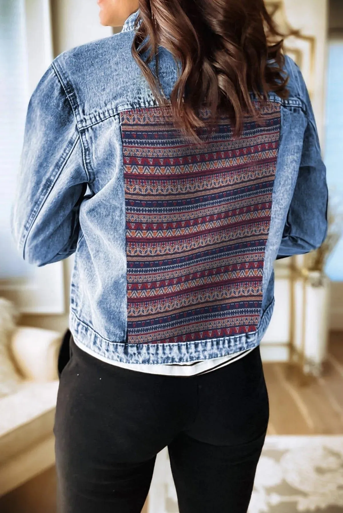 Distressed Tribal Patch Denim Jacket