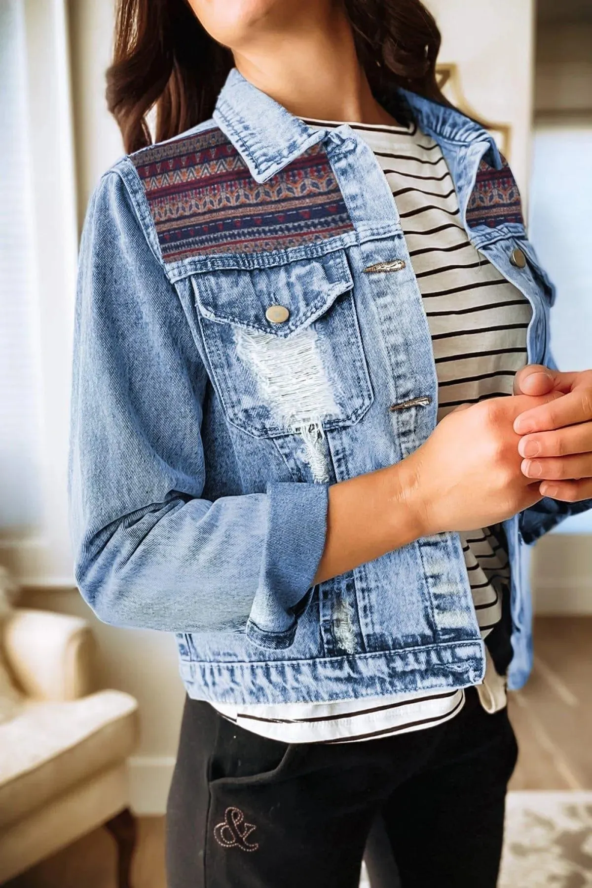 Distressed Tribal Patch Denim Jacket