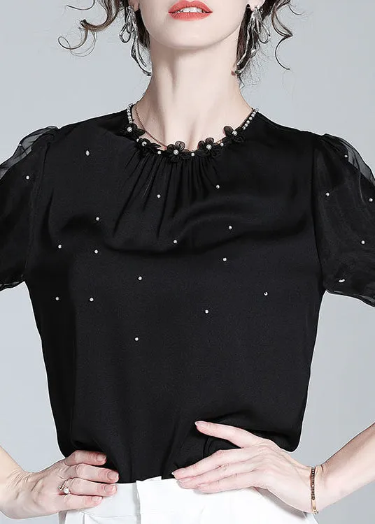 DIY Black O-Neck Silk Nail Bead Shirts Summer LY0706