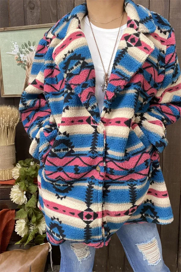 DLH14505 Aztec turquoise&fuchsia multi color printed  winter woolen fabric women coat for women