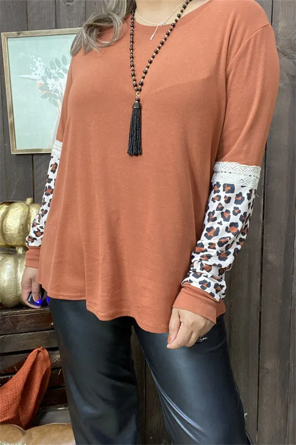 DLH15443 Brown women tops long sleeve/leopard printed&beige lace