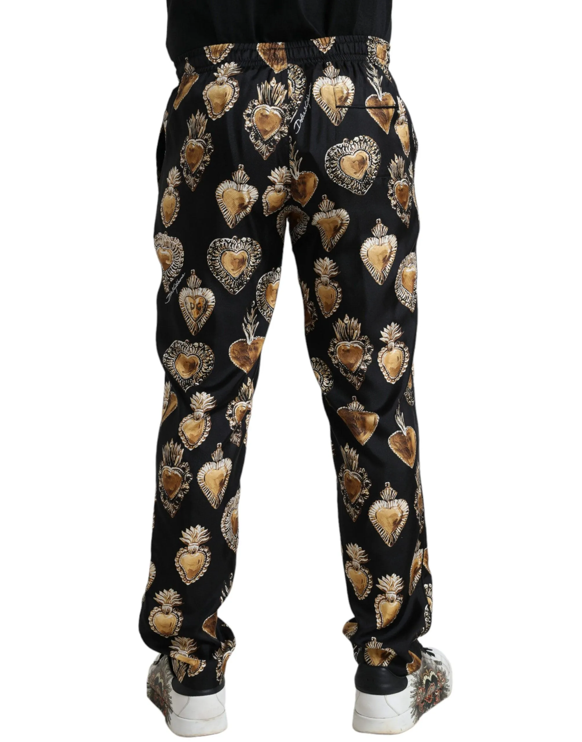 Dolce & Gabbana Black Heart Print Silk Men Pajama Pants