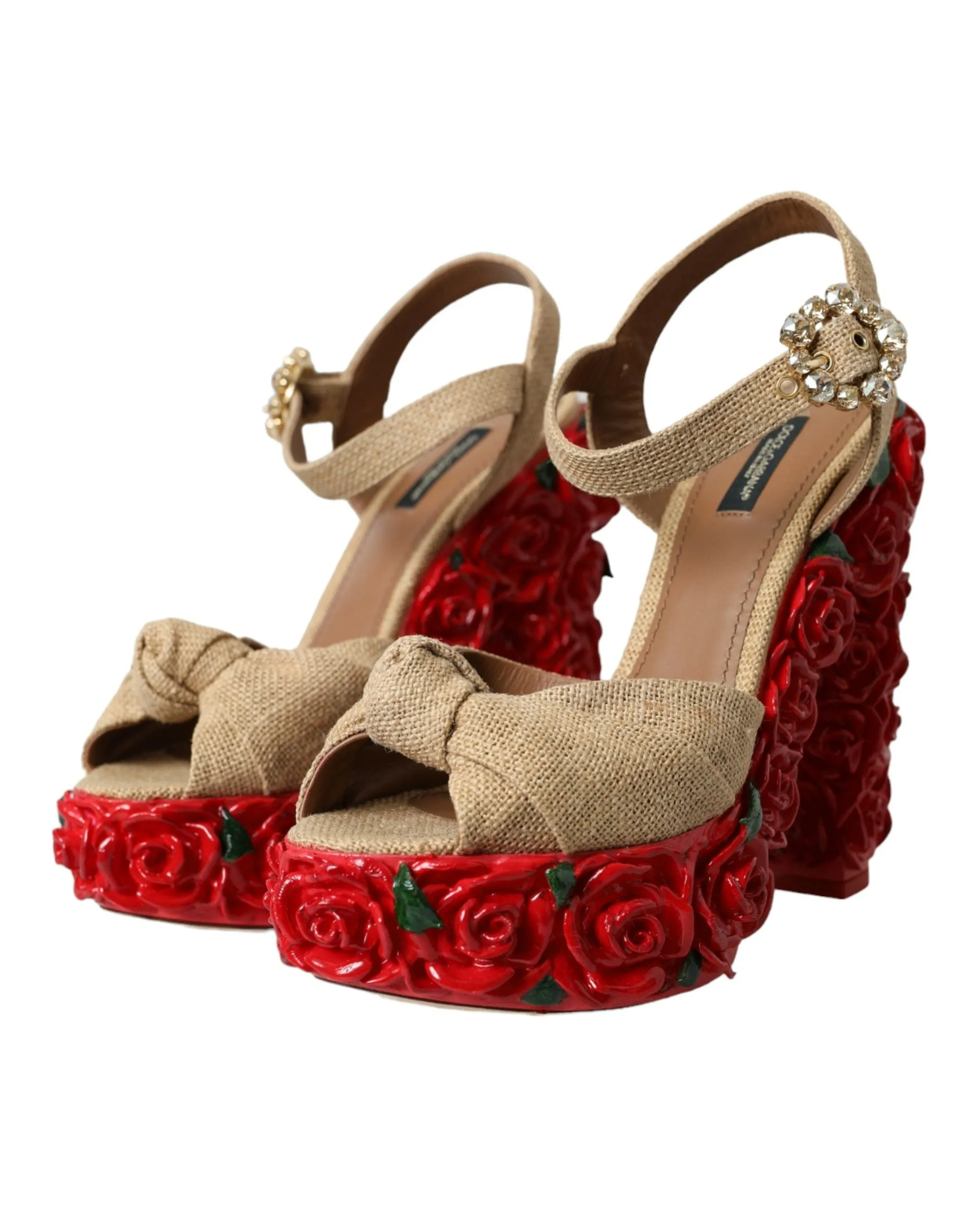 Dolce & Gabbana Red Roses Crystal Platform Sandals Shoes