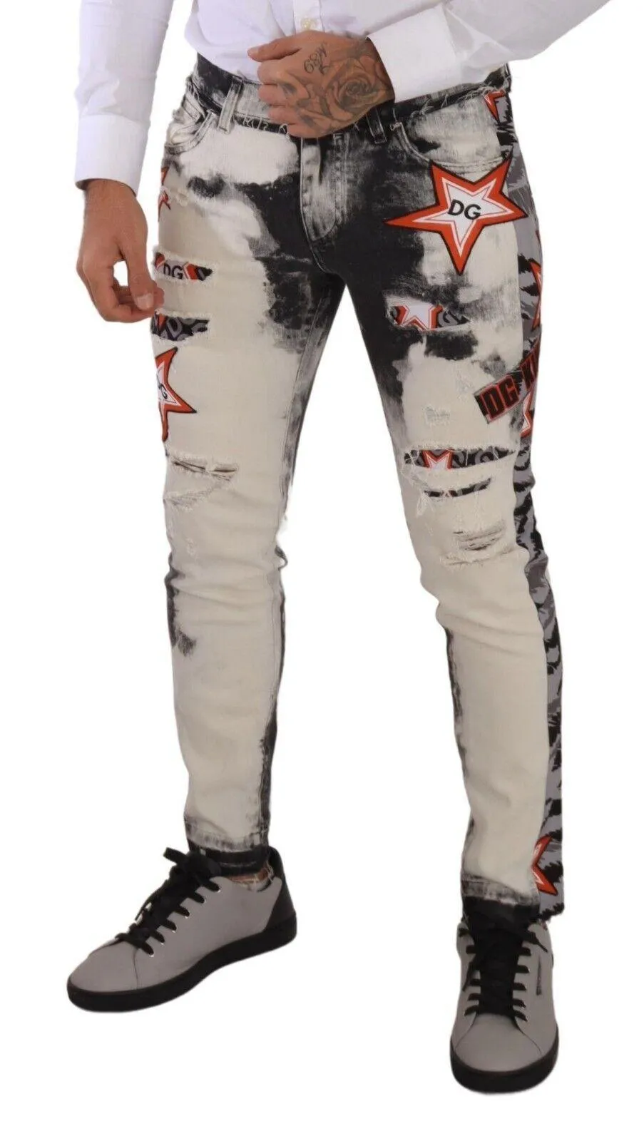 Dolce & Gabbana White Black Cotton Distressed Skinny Denim Jeans