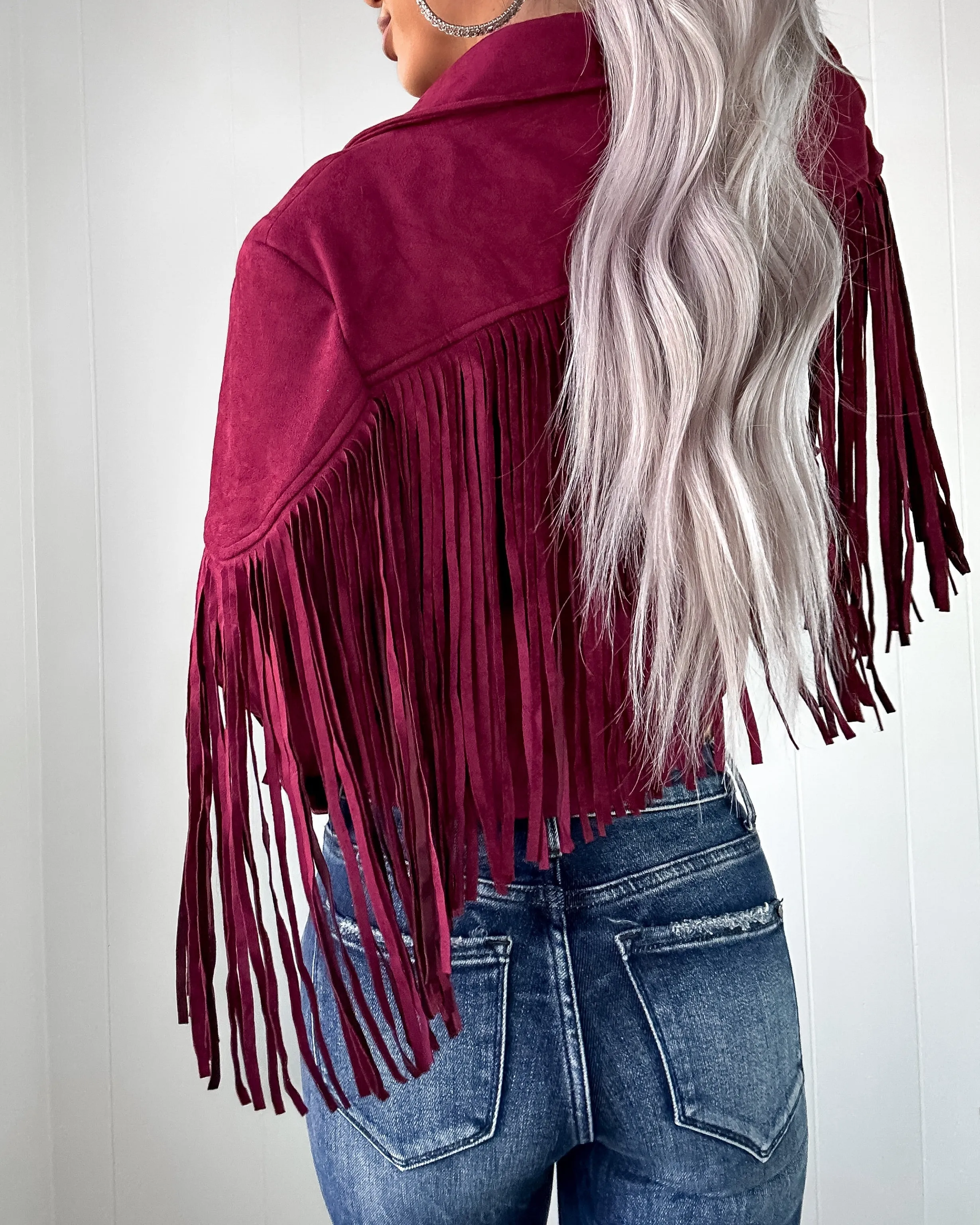 DOORBUSTER Burgundy Fringe Suede Jacket