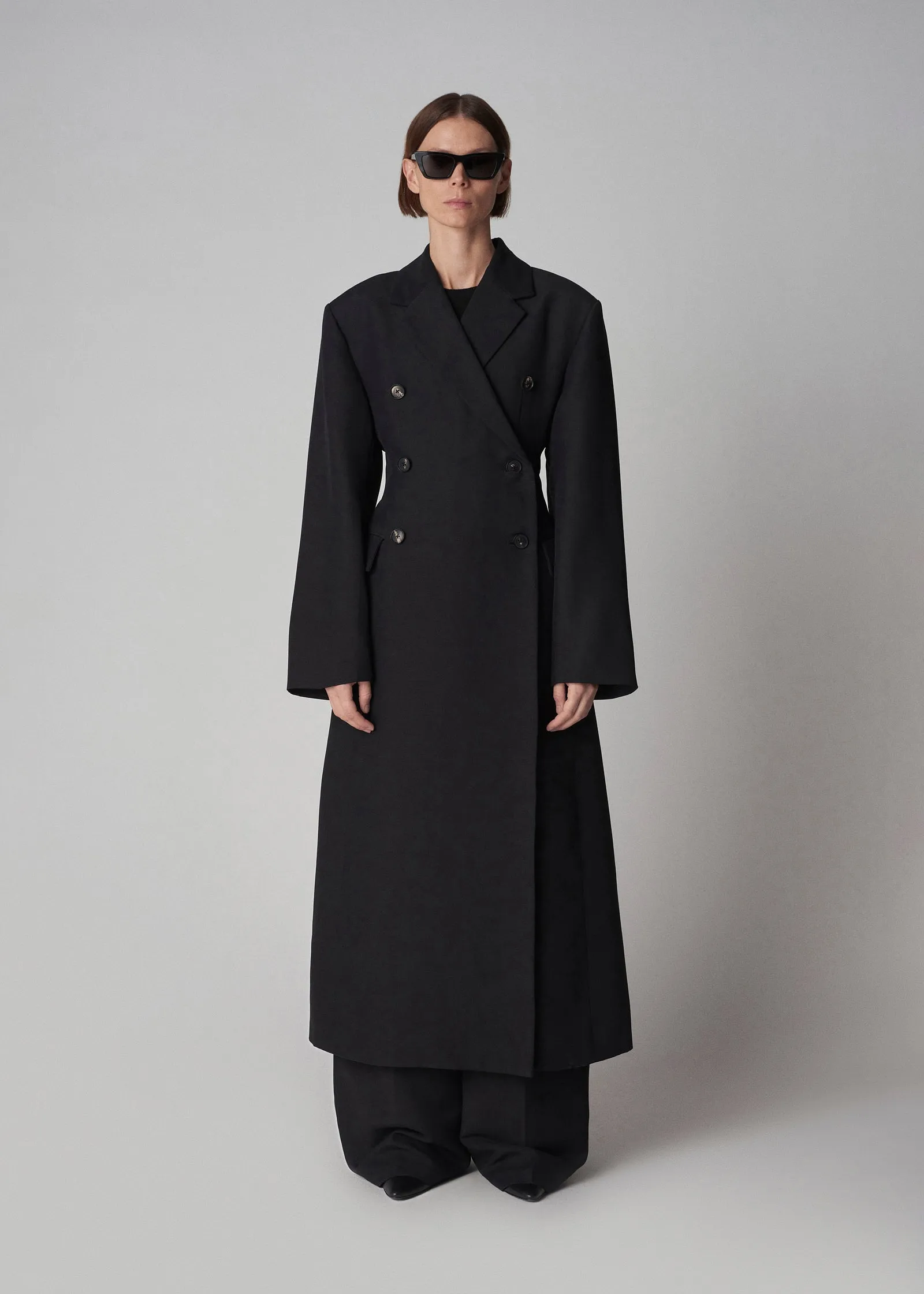 Double Breasted A Line Coat in Faille - Black