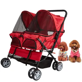 Double Seater Folding Dog Cat Pet Stroller Travel Carrier Jogger Stroller, Red