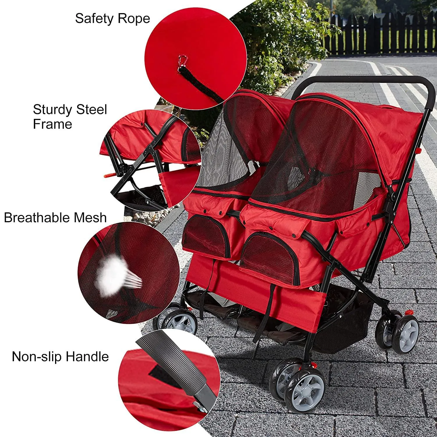 Double Seater Folding Dog Cat Pet Stroller Travel Carrier Jogger Stroller, Red