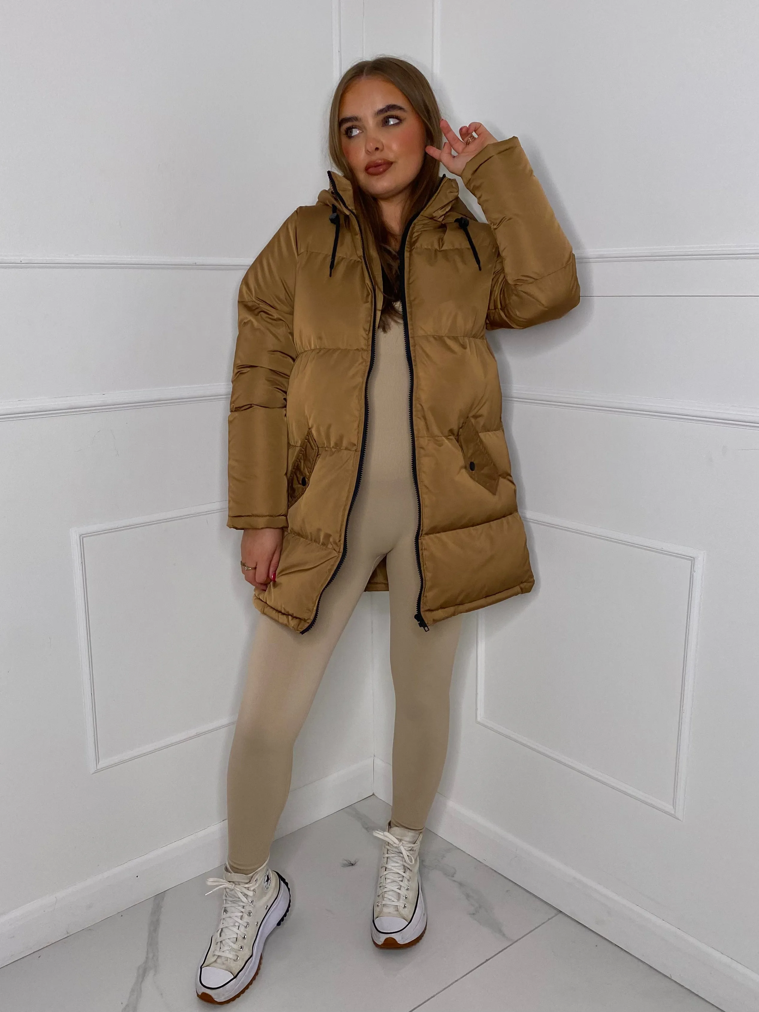 Drawstring Detail Long Parker Coat- Tan