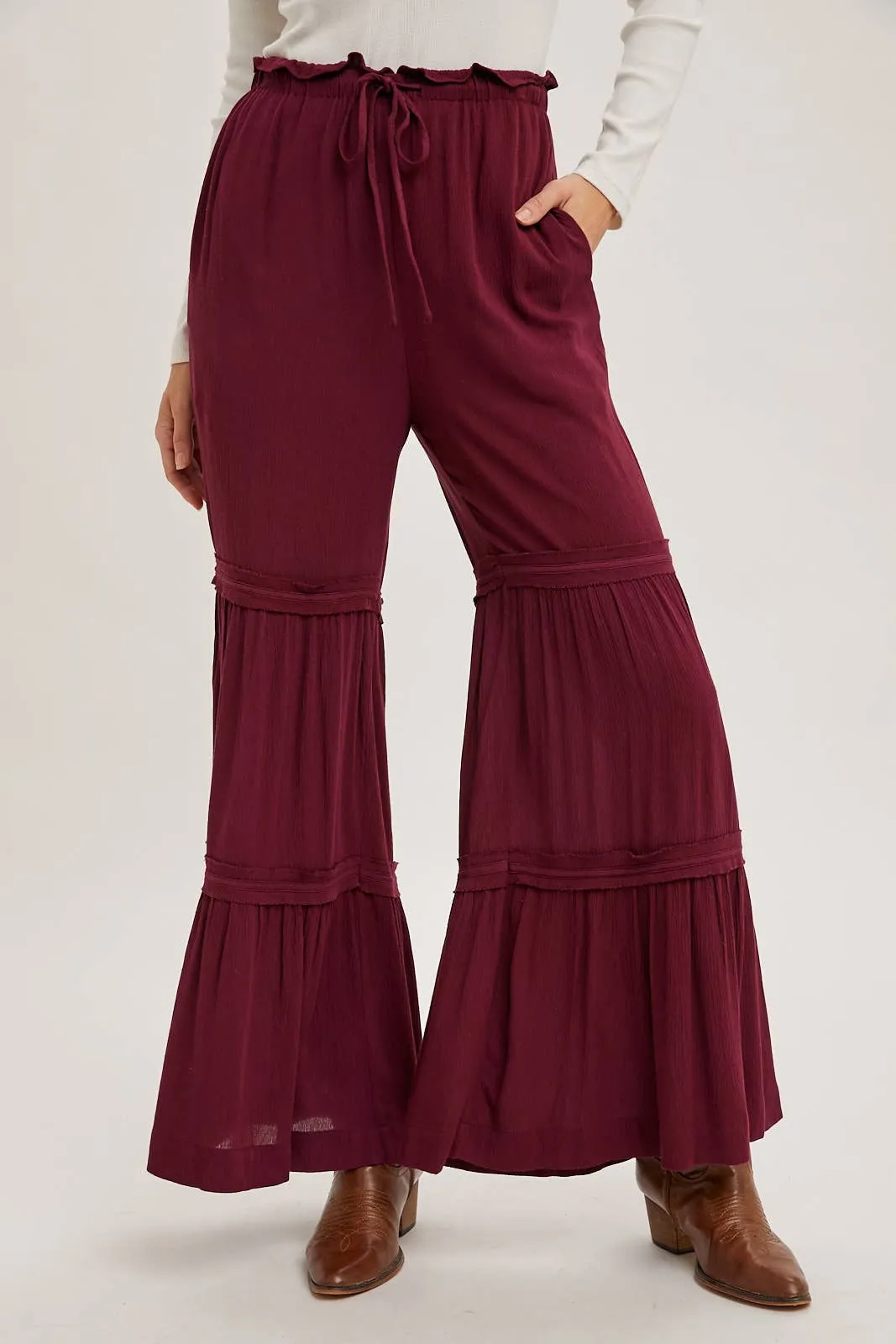 DRAWSTRING WAIST TIERED PALAZZO PANTS