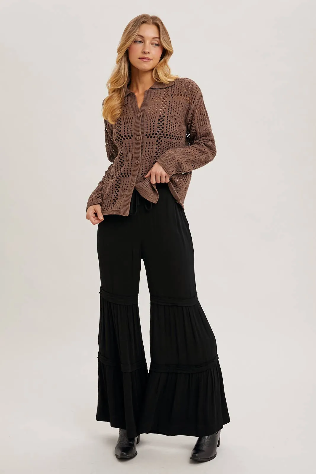 DRAWSTRING WAIST TIERED PALAZZO PANTS