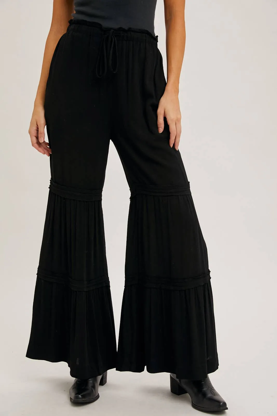 DRAWSTRING WAIST TIERED PALAZZO PANTS