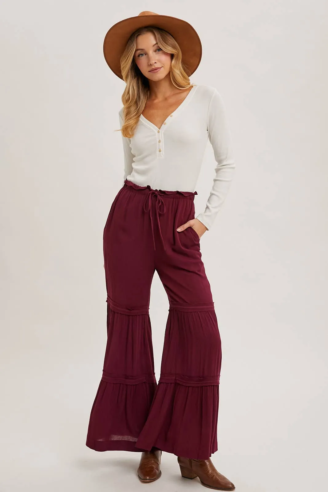 DRAWSTRING WAIST TIERED PALAZZO PANTS