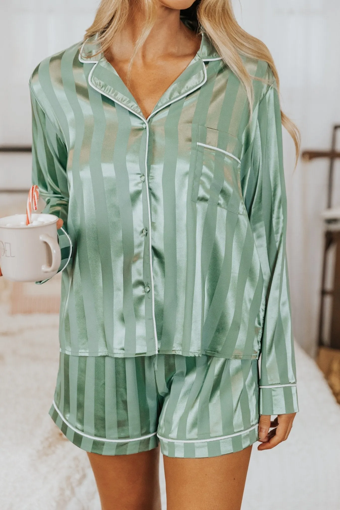 Dreamy Green Satin Two-Piece Pajama Set