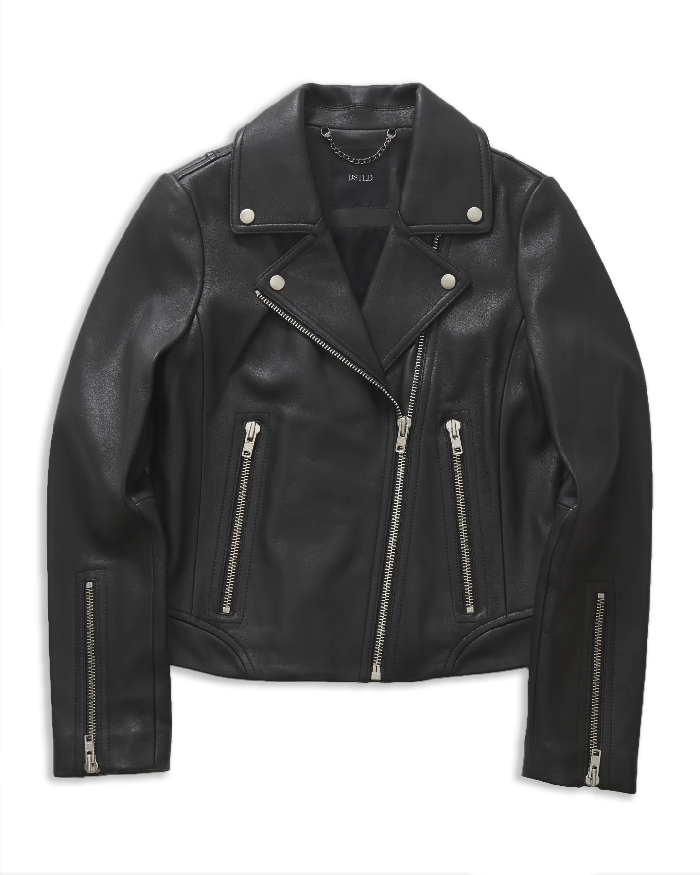 DSTLD Women's Leather Biker Jacket in Black with Silver Hardware