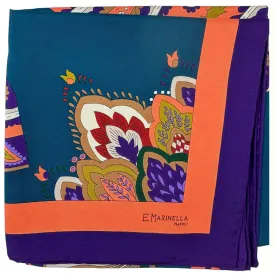 E. Marinella Scarf Turquoise Orange Purple Folding Fans & Tassel Design - Twill Silk Square Foulard