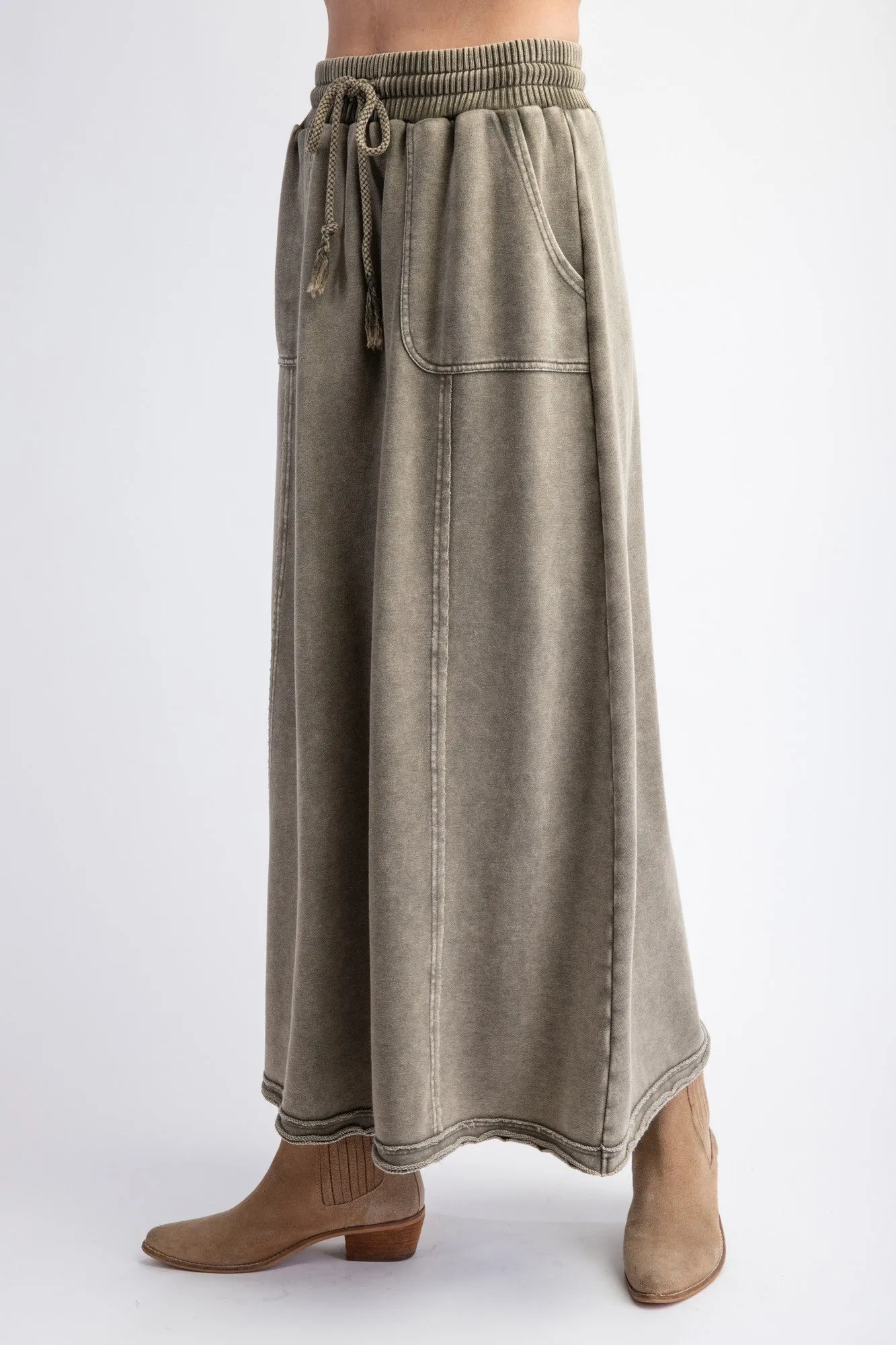 Easel Terry Knit Maxi Skirt in Faded Olive ON ORDER