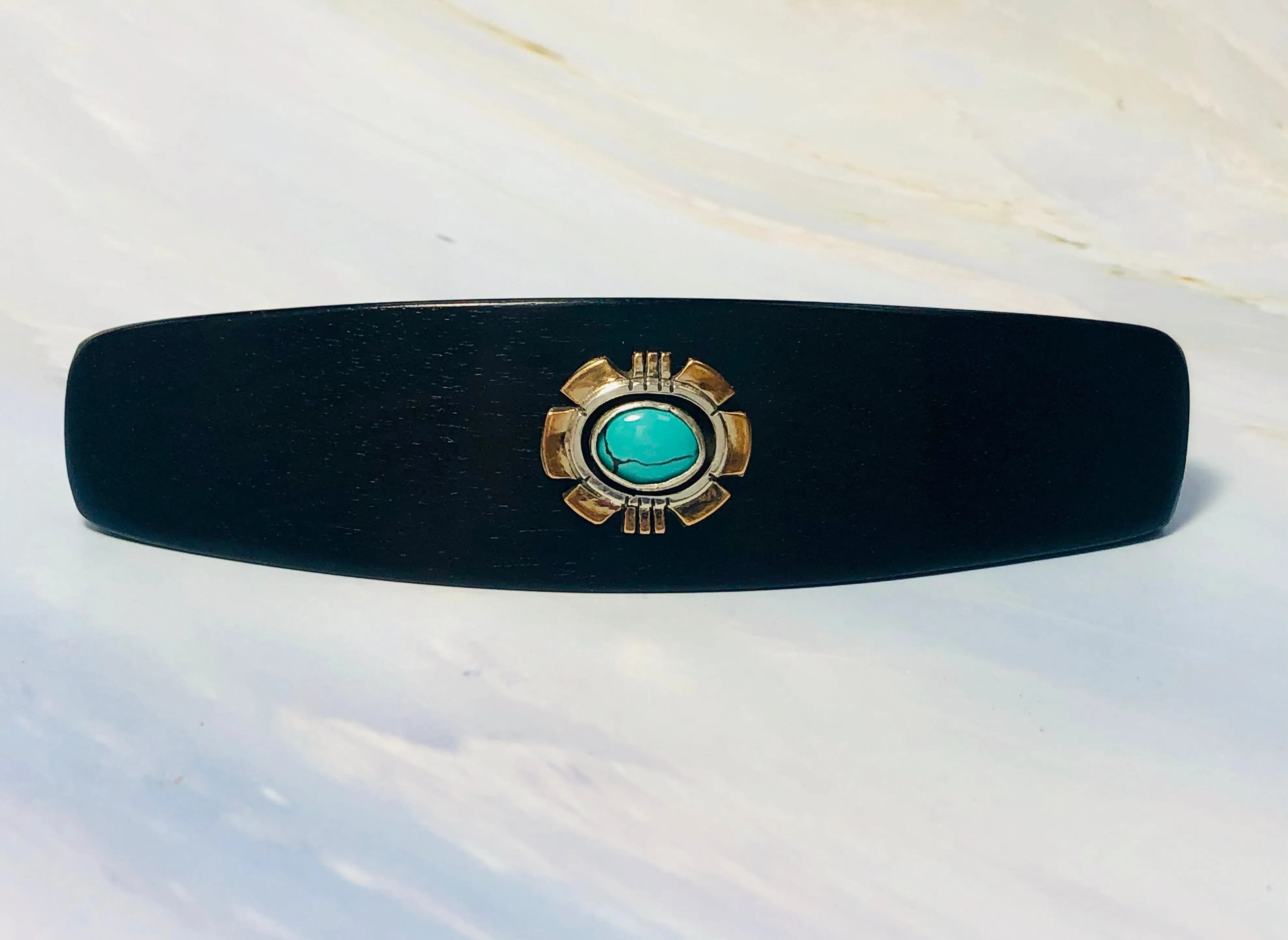 Ebony 14k gold Turquoise barrette, Ebony Gemstone Barrette