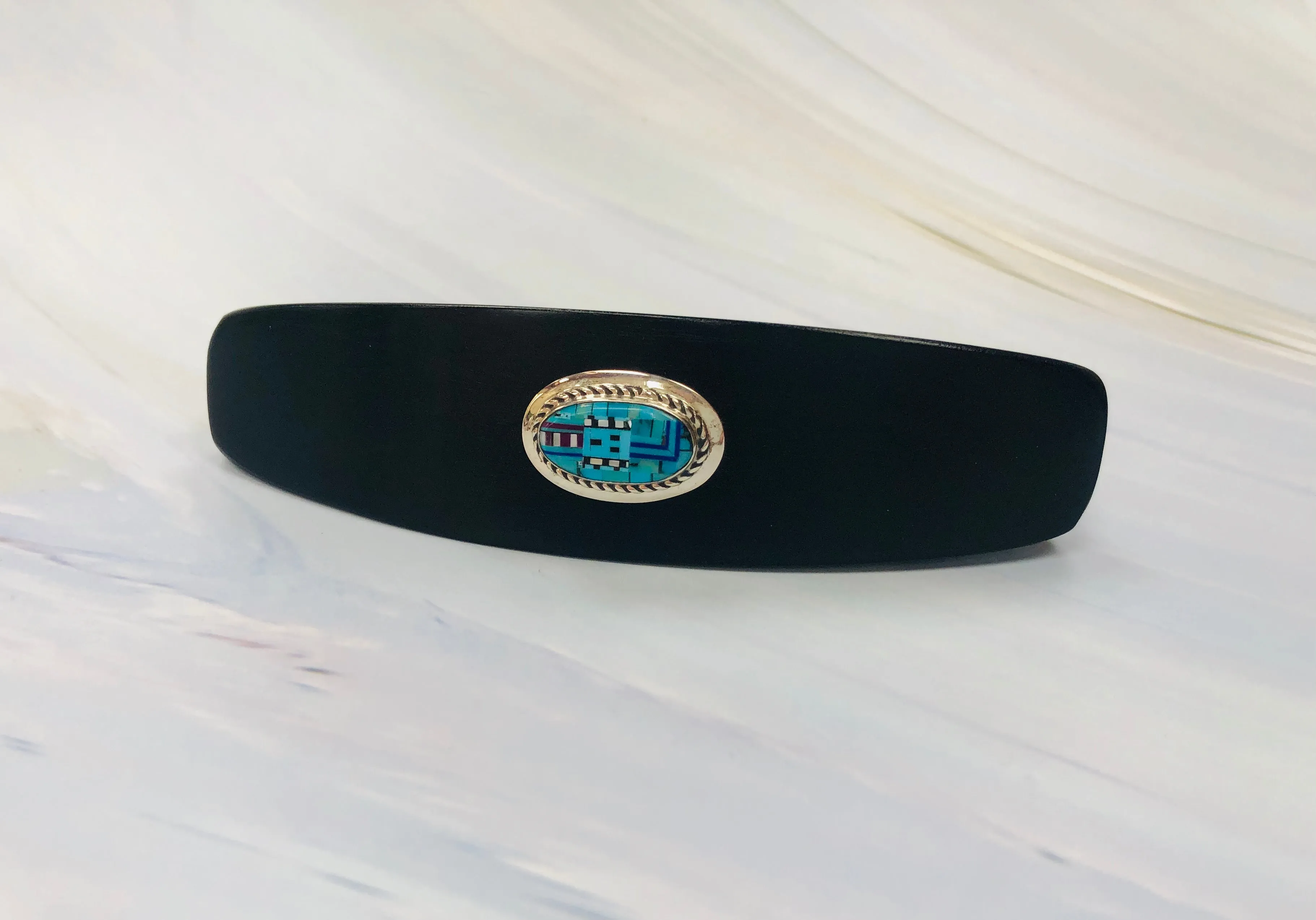 Ebony Turquoise and Jet Tetris barrette, Heirloom Hair Clip, Ebony Gemstone Barrette