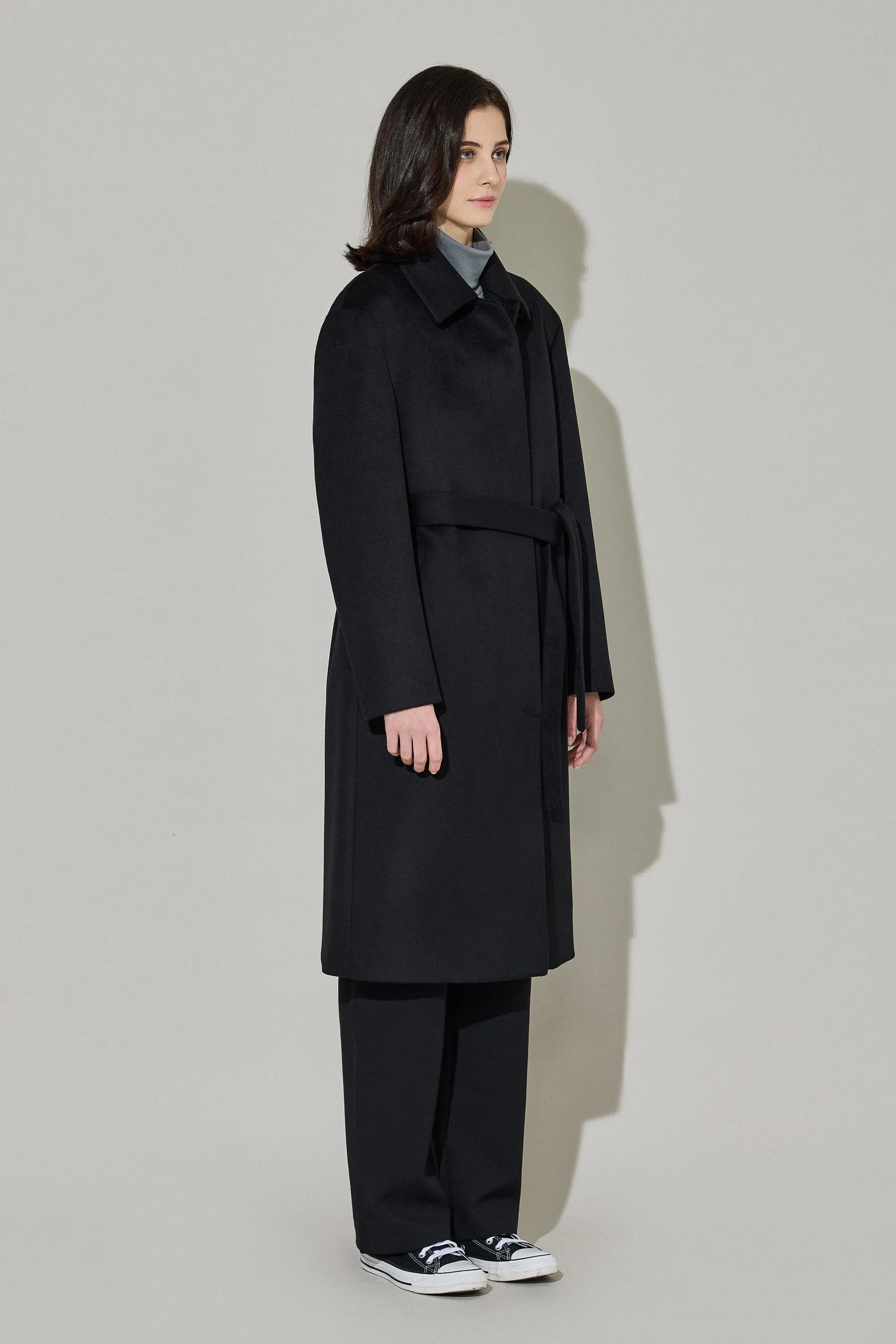 EDUARDO Women Belted Wool-Cashmere Single-Breasted Mac Balmacaan Long Coat.