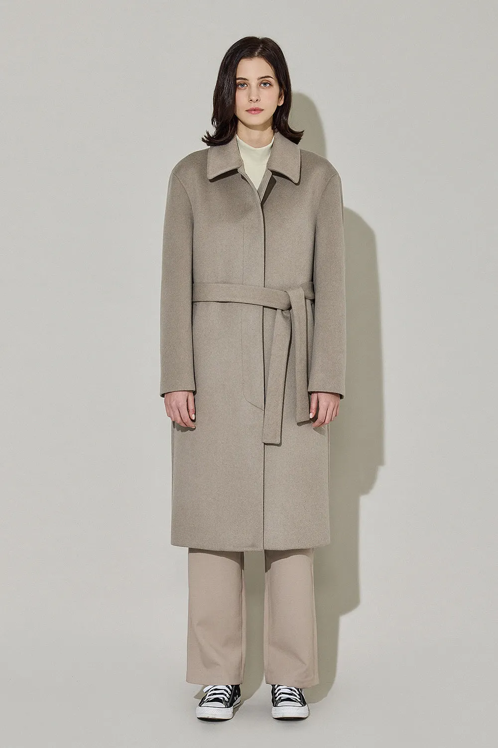 EDUARDO Women Belted Wool-Cashmere Single-Breasted Mac Balmacaan Long Coat.