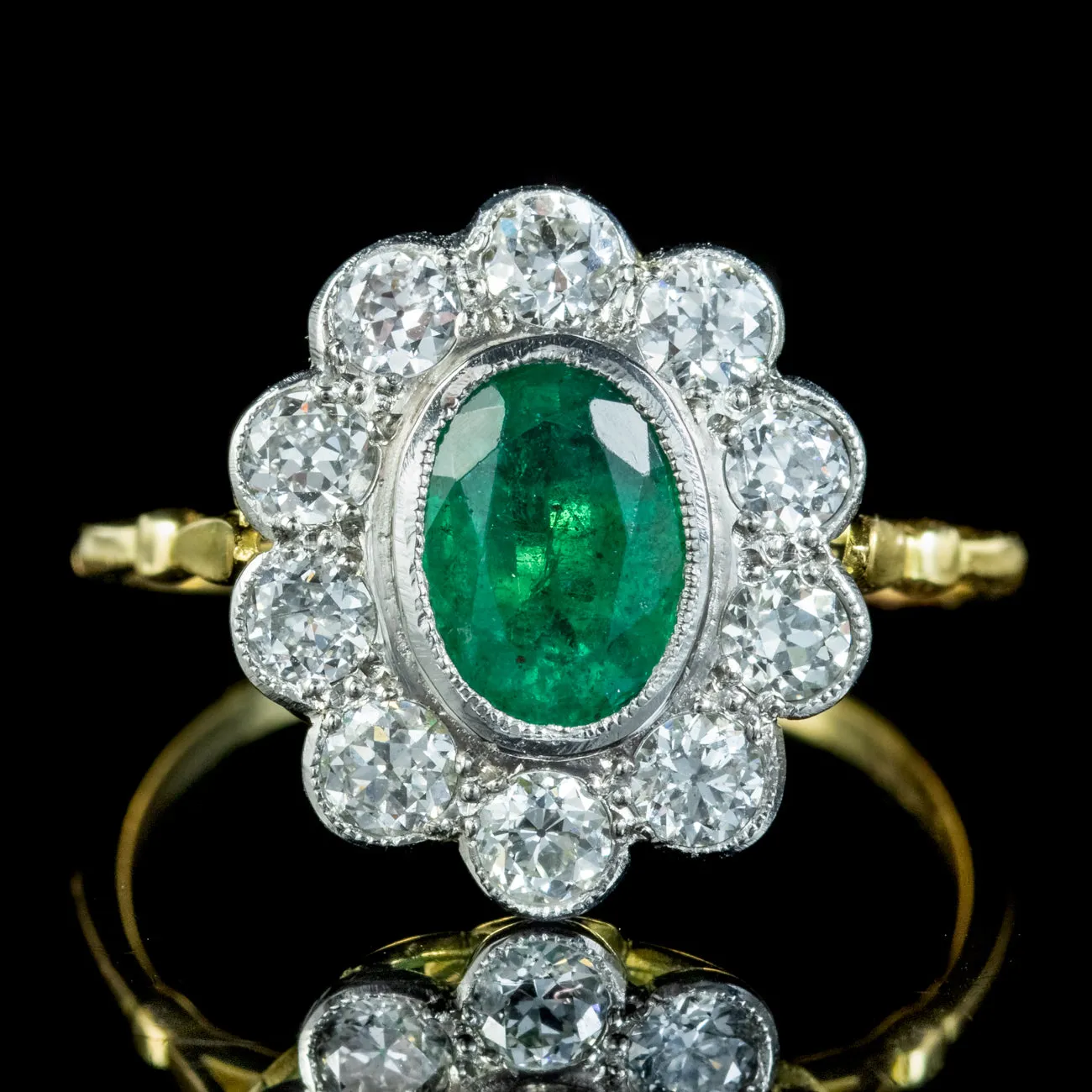 Edwardian Style Emerald Diamond Daisy Cluster Ring 1.2ct Emerald