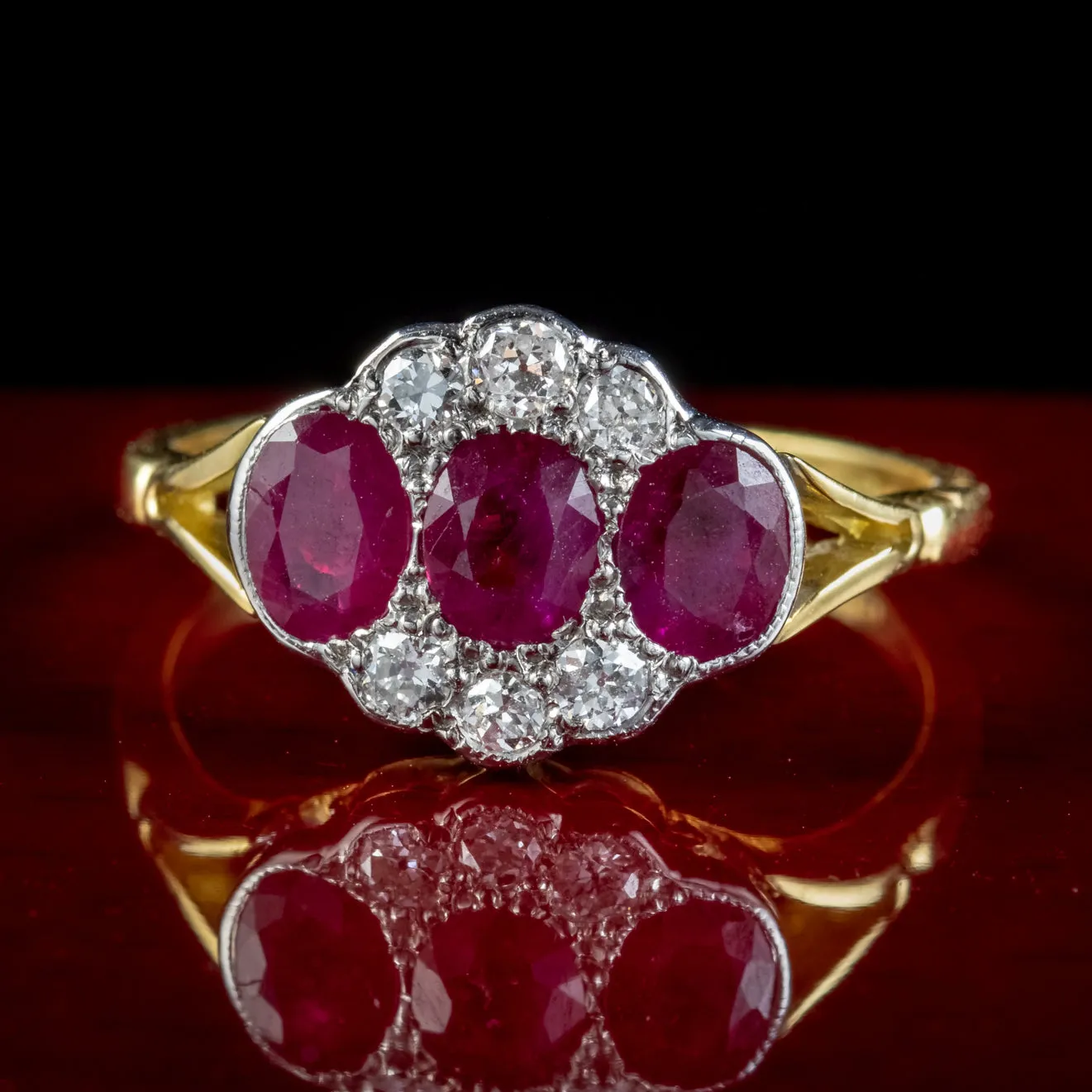 Edwardian Style Ruby Diamond Cluster Ring 18ct Gold 1.25ct Of Ruby